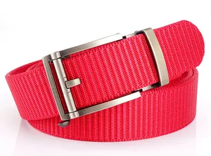 Close-up of a high-density red nylon men's belt featuring a silver automatic metal buckle