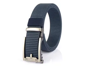 Macro detail of navy nylon belt with brushed metal automatic buckle and woven texture