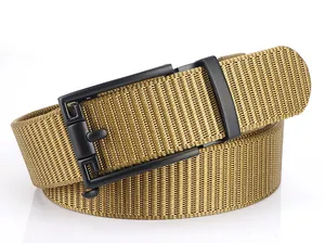 Detailed macro view of khaki nylon braided tactical belt with matte black alloy buckle