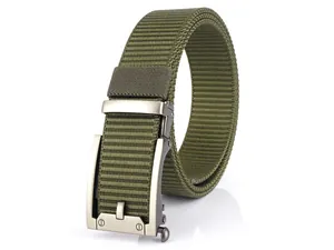 Close-up of military green nylon belt showing high-density texture and metal buckle