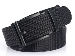 Detail view of high-density black nylon web belt with matte automatic metal buckle
