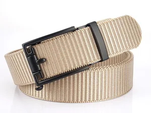 Detailed texture of khaki nylon belt with a matte black metal buckle and smooth design