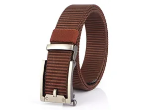 Detail of brown woven nylon belt with matte silver automatic buckle and texture