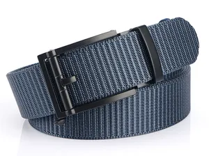 Detail of navy blue nylon woven belt texture and black metal automatic buckle