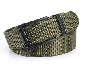 Close-up of military green nylon web belt featuring a matte black alloy automatic buckle