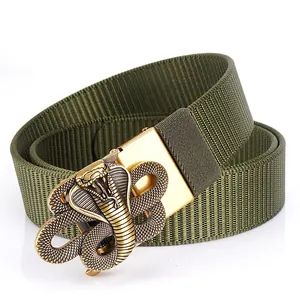 Army green nylon tactical belt with a golden cobra snake buckle on a white background