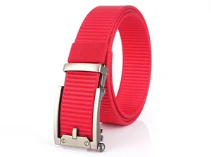 Detail of red nylon tactical belt with matte silver automatic buckle on white background