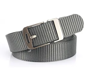 Detail of grey woven nylon belt with a brushed dark metal pin buckle for men