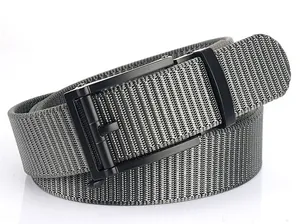 Detail of grey and black nylon braided belt with a matte black automatic metal buckle