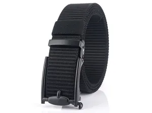 Detail of black nylon tactical belt featuring a matte alloy automatic buckle for outdoors