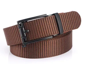 Close-up of brown nylon woven belt with a modern black alloy automatic buckle