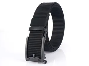 Close-up of black nylon tactical belt with metal buckle and woven texture details