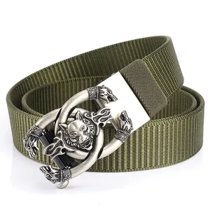 Olive green nylon belt featuring a detailed vintage silver wolf head metal buckle