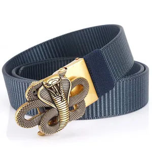 Men's nylon tactical belt with golden cobra buckle and gray woven fabric strap