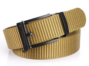 Close-up of khaki nylon web belt texture with a matte black automatic metal buckle