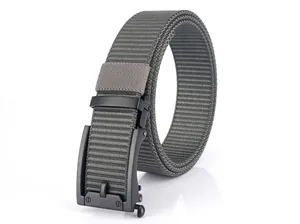 Detailed view of dark grey nylon braided belt with black metal automatic buckle