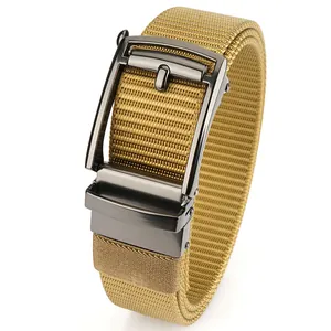 Tactical nylon web belt with matte gun-black automatic metal buckle in khaki brown
