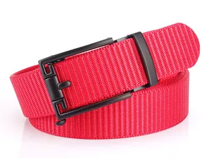 Detail of red nylon belt with black matte alloy automatic buckle for men