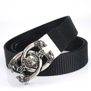 Thickened nylon canvas tactical belt with vintage silver wolf head relief buckle