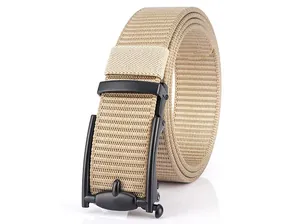 Detail of khaki nylon tactical belt with matte black automatic buckle and woven texture