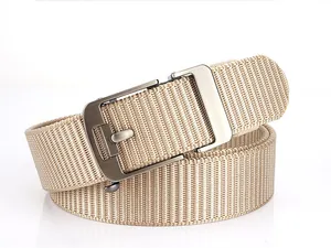 Detailed view of khaki nylon woven belt with a brushed metal automatic buckle