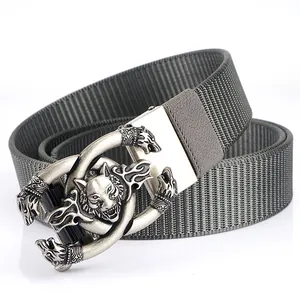 Thickened nylon canvas belt with a vintage wolf head embossed automatic buckle