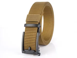 Detail of khaki nylon tactical belt with matte black automatic buckle on white background