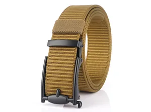 Macro detail of khaki nylon tactical belt featuring black matte automatic metal buckle