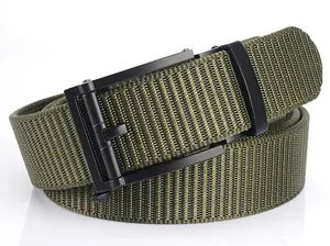 Close-up of army green tactical nylon belt with black metal automatic buckle
