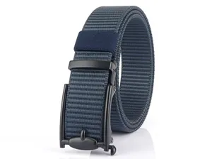 Detailed view of slate grey nylon woven belt with a matte black automatic buckle
