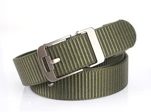 Close-up of olive green nylon woven belt with a brushed metal automatic buckle