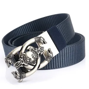 Navy blue nylon canvas belt featuring a vintage silver alloy wolf head buckle