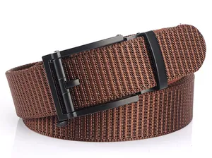 Close-up of the high-density brown nylon woven texture and matte black metal buckle