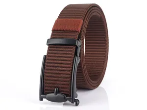Detail of dark brown nylon canvas belt with a matte black automatic metal buckle