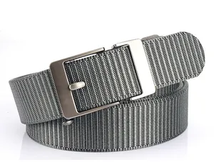 Detailed shot of grey woven nylon belt with matte silver buckle on white background
