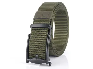 Detail of army green nylon tactical belt with black matte automatic metal buckle