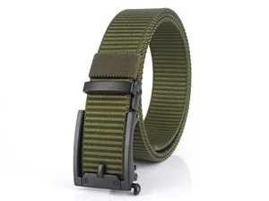Detail of army green nylon tactical belt with matte black metal automatic buckle