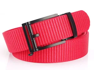 Detail of red nylon woven belt with black matte automatic ratchet buckle for men