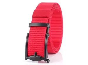 Detail of red woven nylon canvas belt with matte black automatic metal buckle close-up