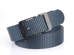 Detail of navy nylon tactical belt featuring matte black metal automatic buckle