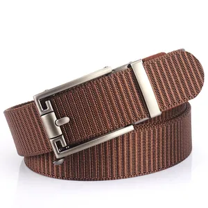 Men's brown nylon woven belt with matte alloy automatic buckle for casual outdoor wear