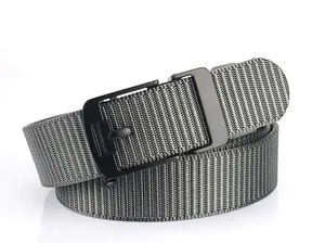 Detail of grey and black woven nylon belt with a matte black metal buckle for casual wear