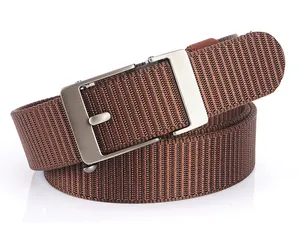 Detail of brown woven nylon belt featuring a brushed matte silver rectangular buckle