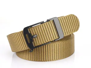 Detail view of khaki nylon tactical belt with matte black automatic metal buckle