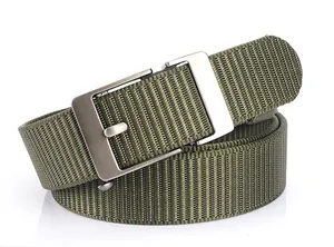 Detailed view of the army green woven canvas belt with brushed silver metal buckle