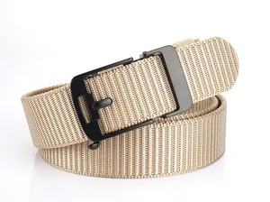 Detail of khaki braided nylon belt texture and matte black metal buckle for men