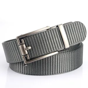 Men's casual nylon belt with grey striped woven strap and automatic alloy buckle