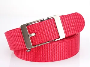 Detail of red woven nylon belt showing high-quality twill texture and silver metal buckle