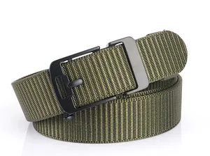 Detail of army green nylon tactical belt with matte black metal automatic buckle
