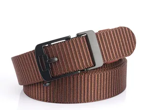 Close-up of brown woven nylon belt with a matte black metal pin buckle for casual wear